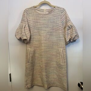 Loft Womens Work Casual Striped Boucle Tweed Puff Sleeve Shift Dress Size XS